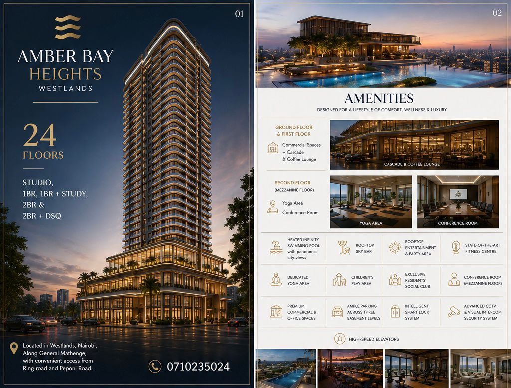 Amber Bay Heights — 24-floor tower brochure render with amenity stack
